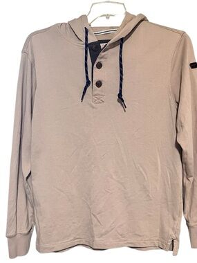 Men’s Hawke & Co Taupe Hooded Henley Shirt M Buttoned Blue Contrast Drawstrings